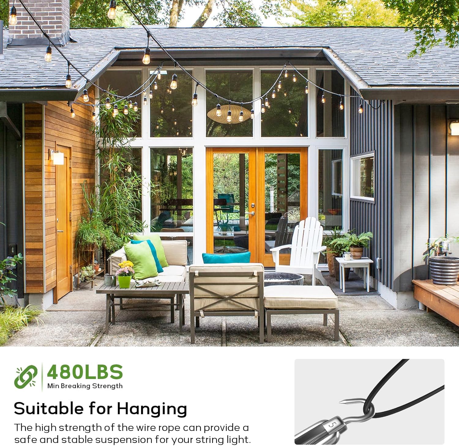 String Light Hanging Kit with 164FT Vinyl Coated Stainless Steel 304 Wire Rope Suspension Kit Included Enough Accessories with Turnbuckles and Hooks for Patio, Garden and Wedding Lighting