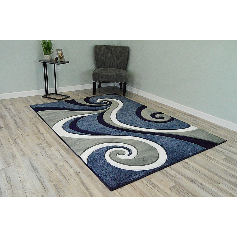 PREMIUM 3D Hand Carved Modern 5x8 5x7 Rug Contemporary 327 Navy Blue