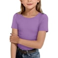 thumbnail image 2 of Resicozy Girls Shirts Cute Basic Tees Summer Ribbed Top Teens Short Sleeve Vacation T-Shirt for Kids 5-13 Years Purple 130, 2 of 7