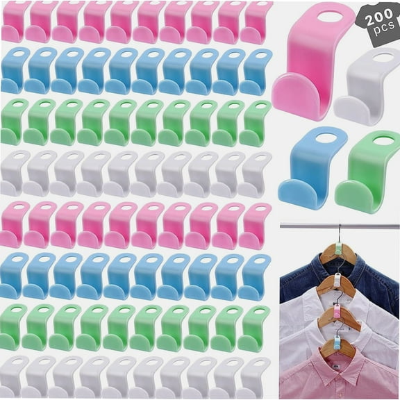 200PCS Clothes Hanger Connector Hooks,Space Saving Hanger Hooks,Heavy Duty Cascading Hanger Extender Hooks,Plastic Hangers Extenders Connection Hooks for Closet Wardrobe Organiser(Multicolor)