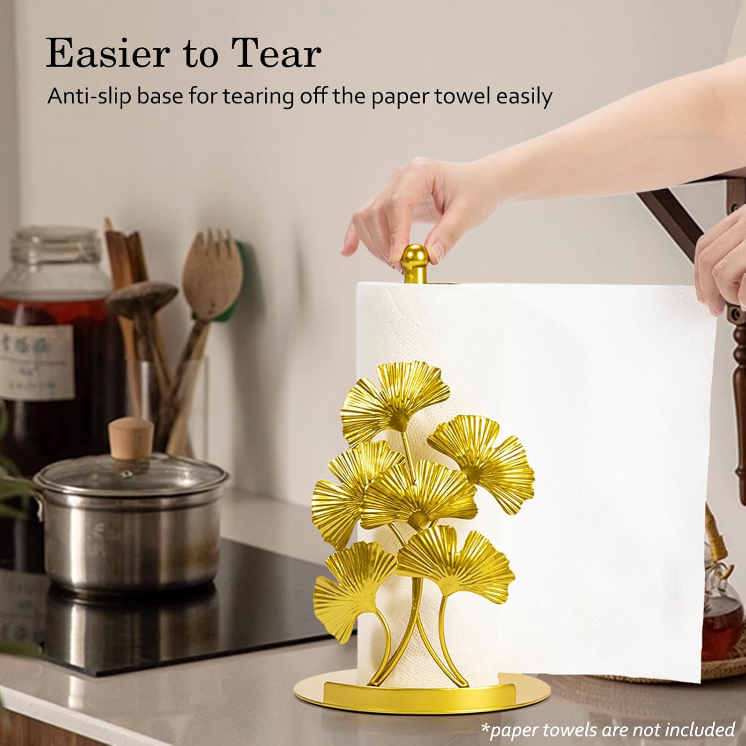 ThrottleT - Vintage Gold Ginkgo Paper Towel Holder Countertop - Gold Kitchen Decor and Accessories, Luxury Housewarming Gifts for Women, 3D Ornate Leaf Textured, Retro Design Home Decor