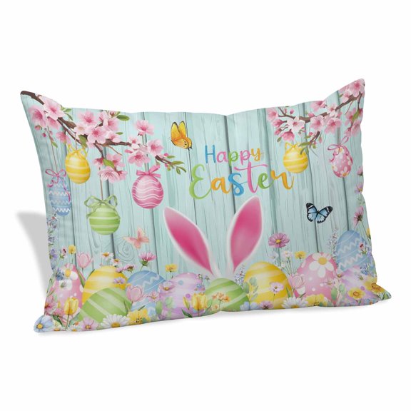Happy Easter Pillow Covers, Linen Long Throw Pillow Case, Spring Bunny Eggs Flower Teal Wood Grain Holiday Pillow Protector Decorative Cushion Cover for Living Room/Bedroom 20" x 36"