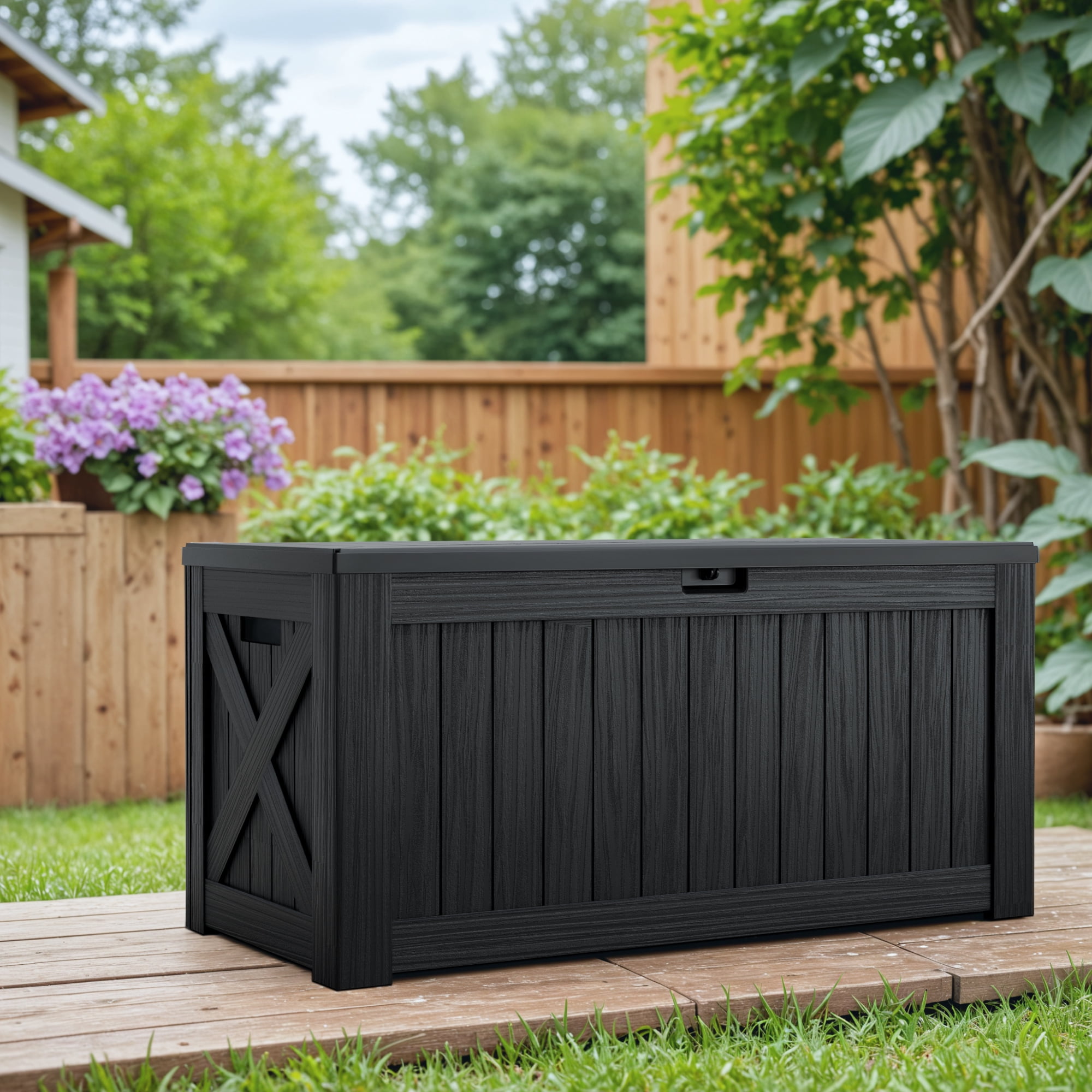 Vineego Storage Outdoor Lockable 120 Gallon Resin Deck Box, Black