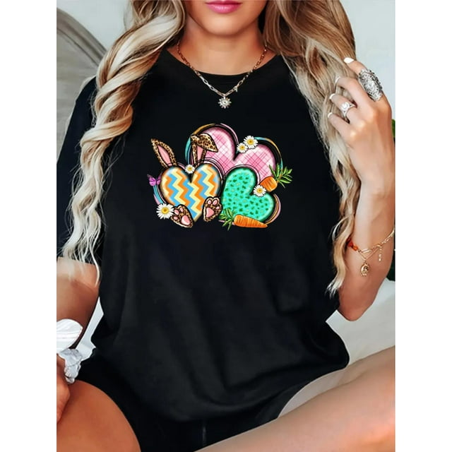 Camiseta de cuello redondo con estampado de conejo de Pascua y corazón, camisetas gráficas para mujer, camiseta informal de manga corta para primavera y verano, ropa para mujer, camiseta deportiva de