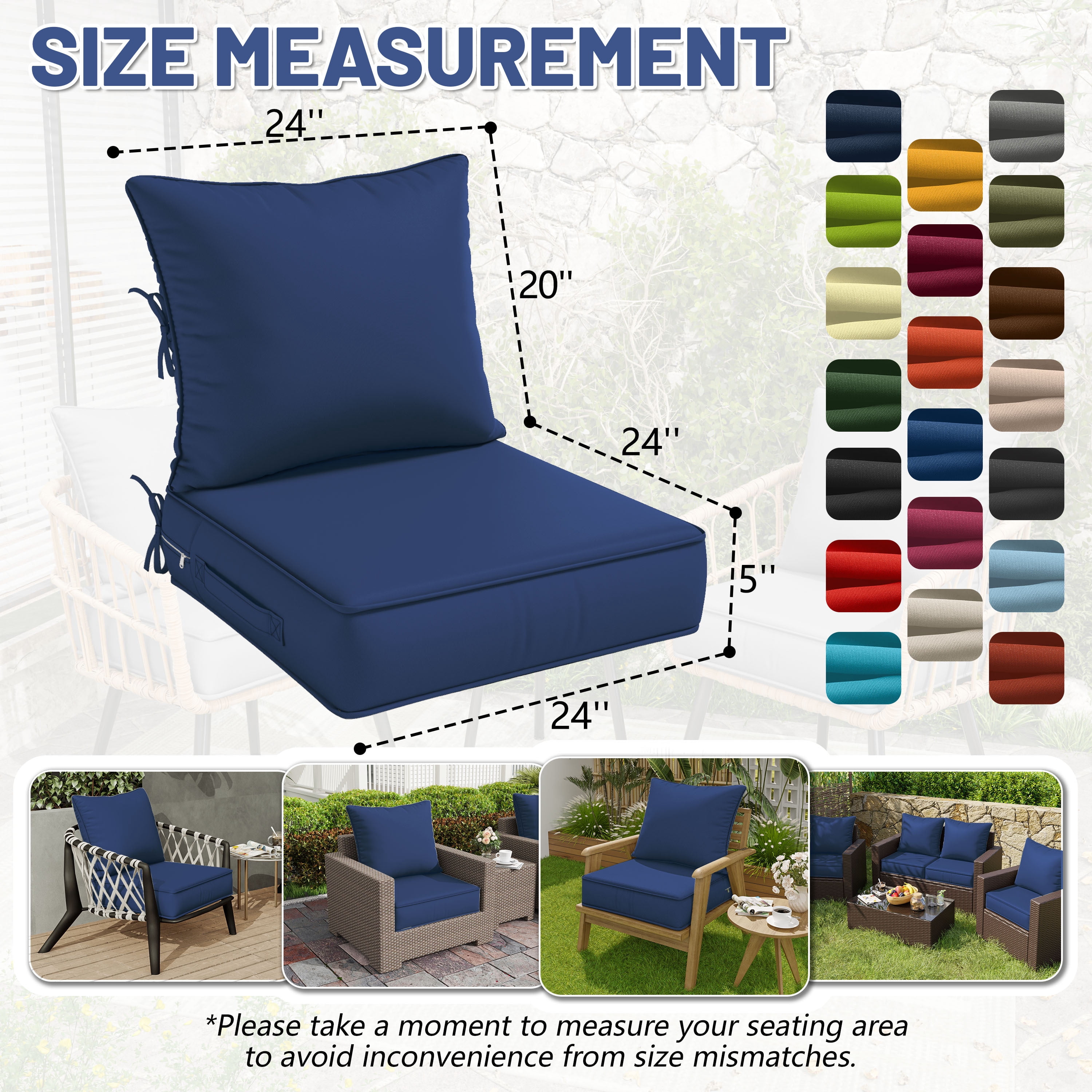 Pakunoda Patio Cushions for Outdoor Furniture 24” X 24” X 5”, Water Resistant Outdoor Deep Seat Cushions, Fade Resistant Replacement Cushions for Outdoor Furniture, Blue