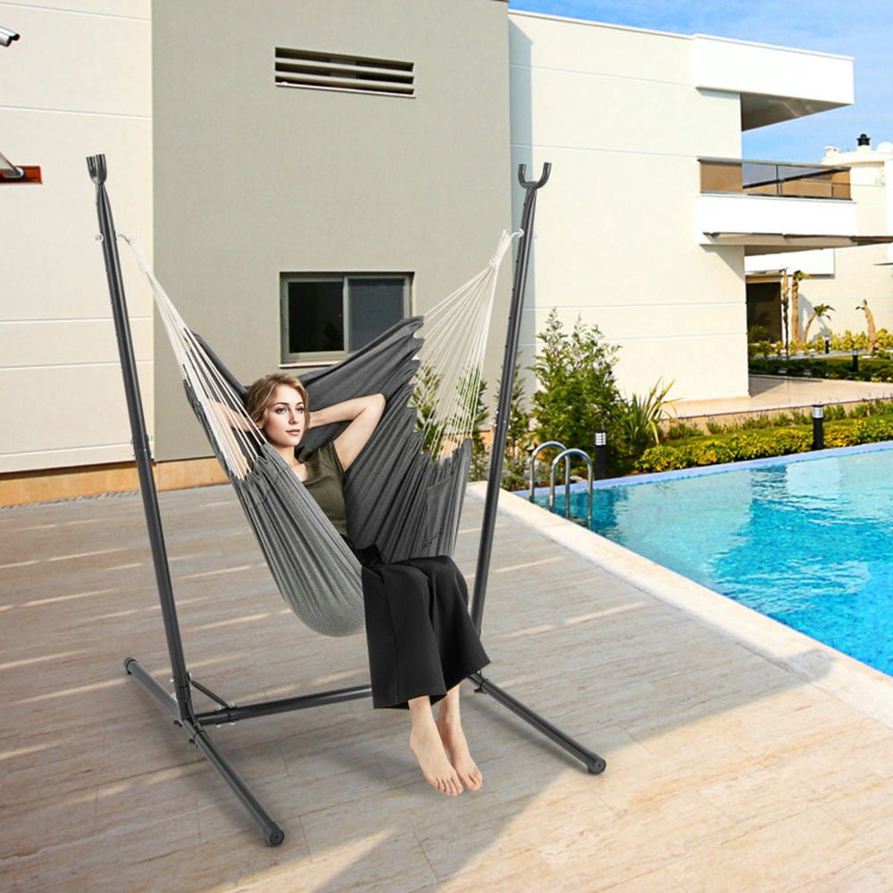 Demifill Hammock Chair with Stand 6-Position Adjustable Height and Side Pocket, Hammock Patio Furniture, Gray