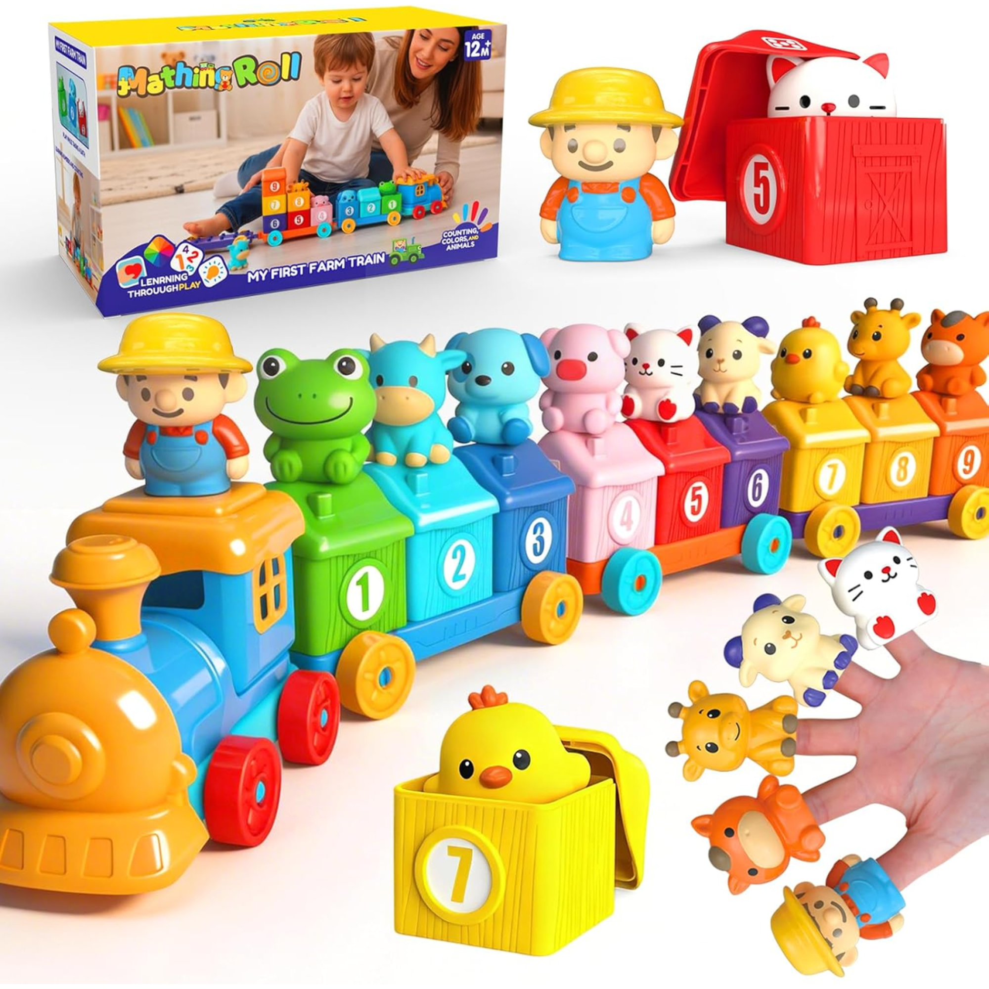 Learning Toy for Toddlers 1 2 3 Years Old, Counting, Matching and Sorting Montessori Farm Train Including 9 Farm Animals, Birthday Gift for Baby Boys Girls