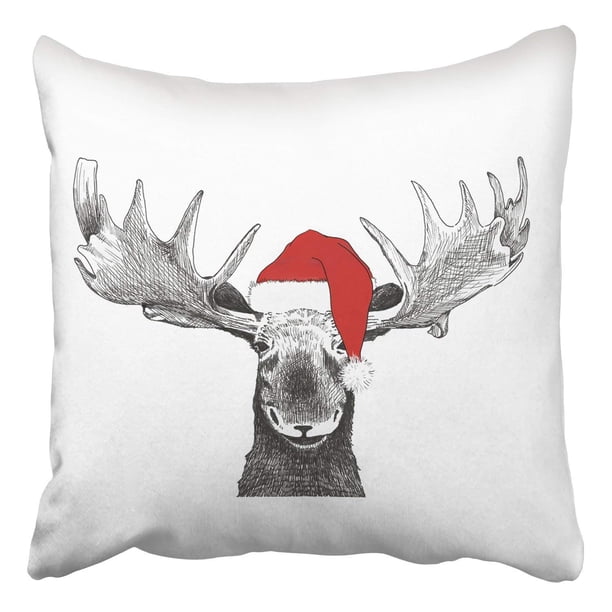 ARTJIA Christmas Moose Santa Claus Hat Hand Drawn Holiday Pillowcase 