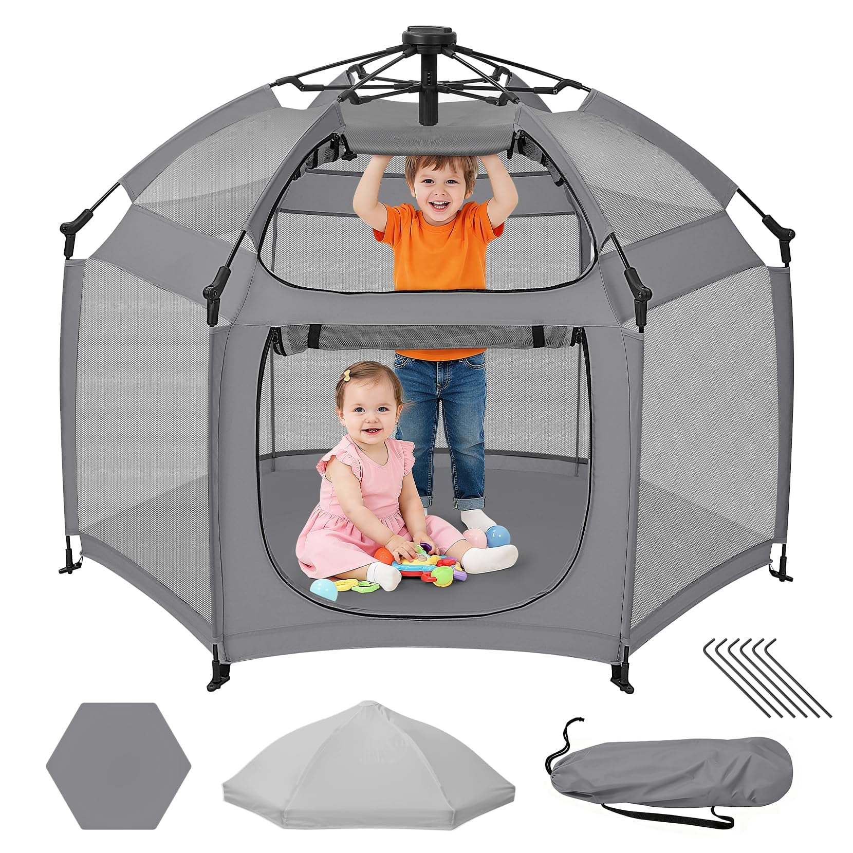 COFUNOK Baby Playpen, Upgraded Pop Up Playpen with Canopy and Padding, Grey