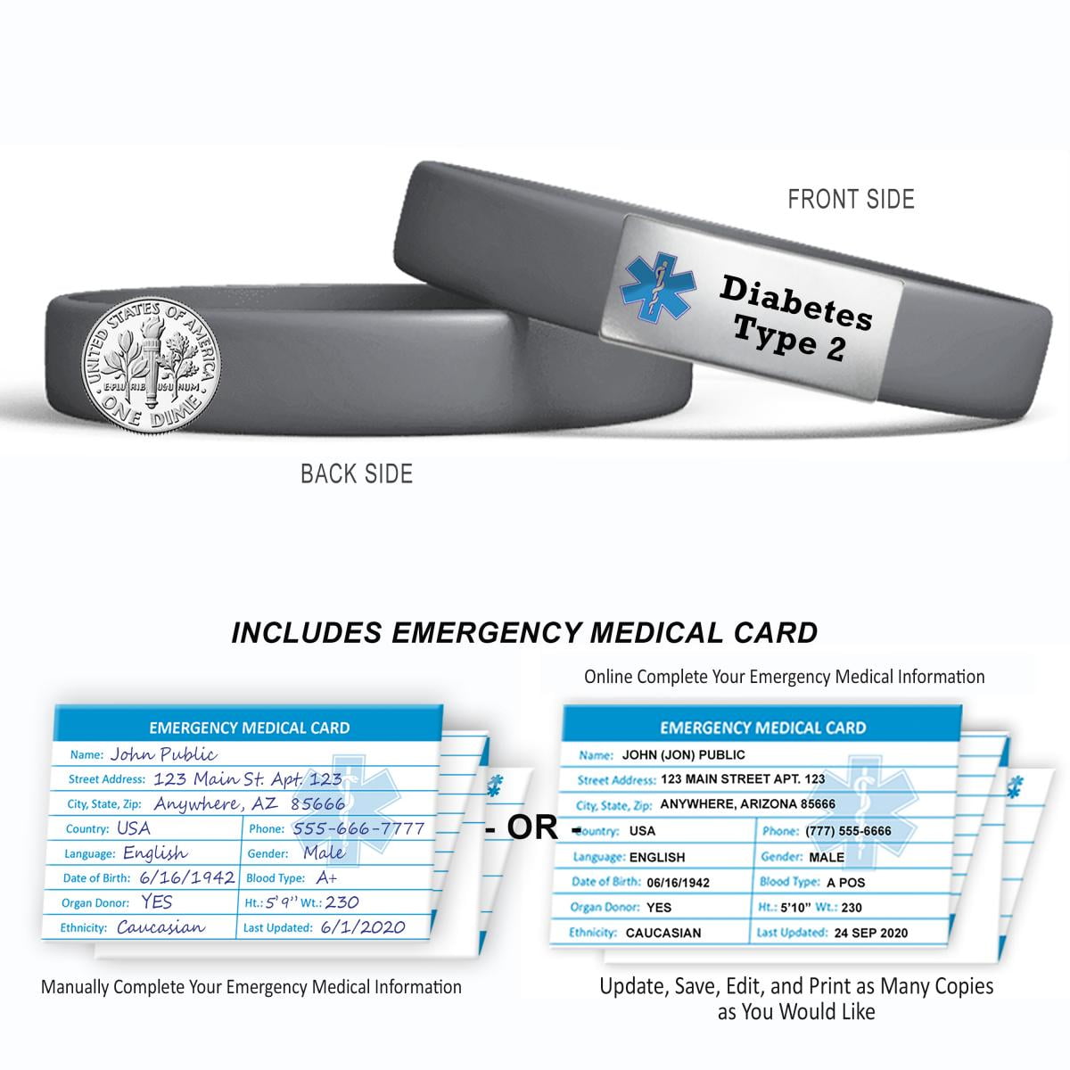 Pre-engraved DIABETES TYPE 2 Black/Gray Reversible Sport Slim Medical ID  Bracelet for Men and Women. Incl. Emergency Medical Card & No Obligation 12