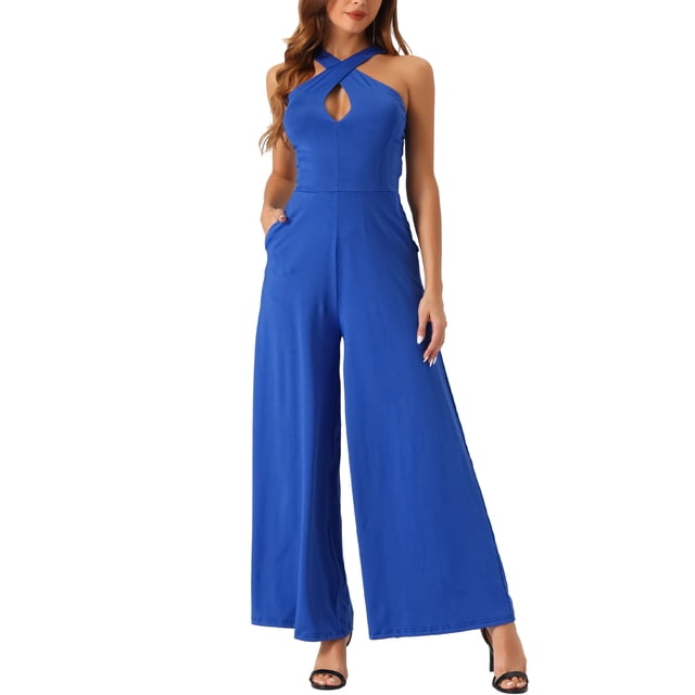 INSPIRAR CHIC Mono de Cuello Cruzado para Mujeres, Pantalón Ancho Sin Mangas, Mono de Largo Completo S Azul