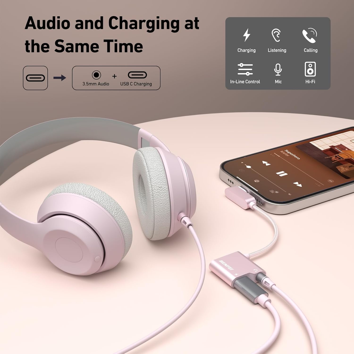 BENFEI USB C to Audio Jack Adapter with 60W Fast Charging, USB-C