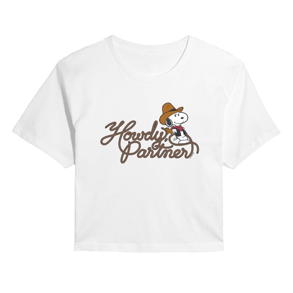 Peanuts - Howdy Partner Snoopy -Juniors Cropped Short Sleeve Graphic T-Shirt Cropped Graphic T-Shirt