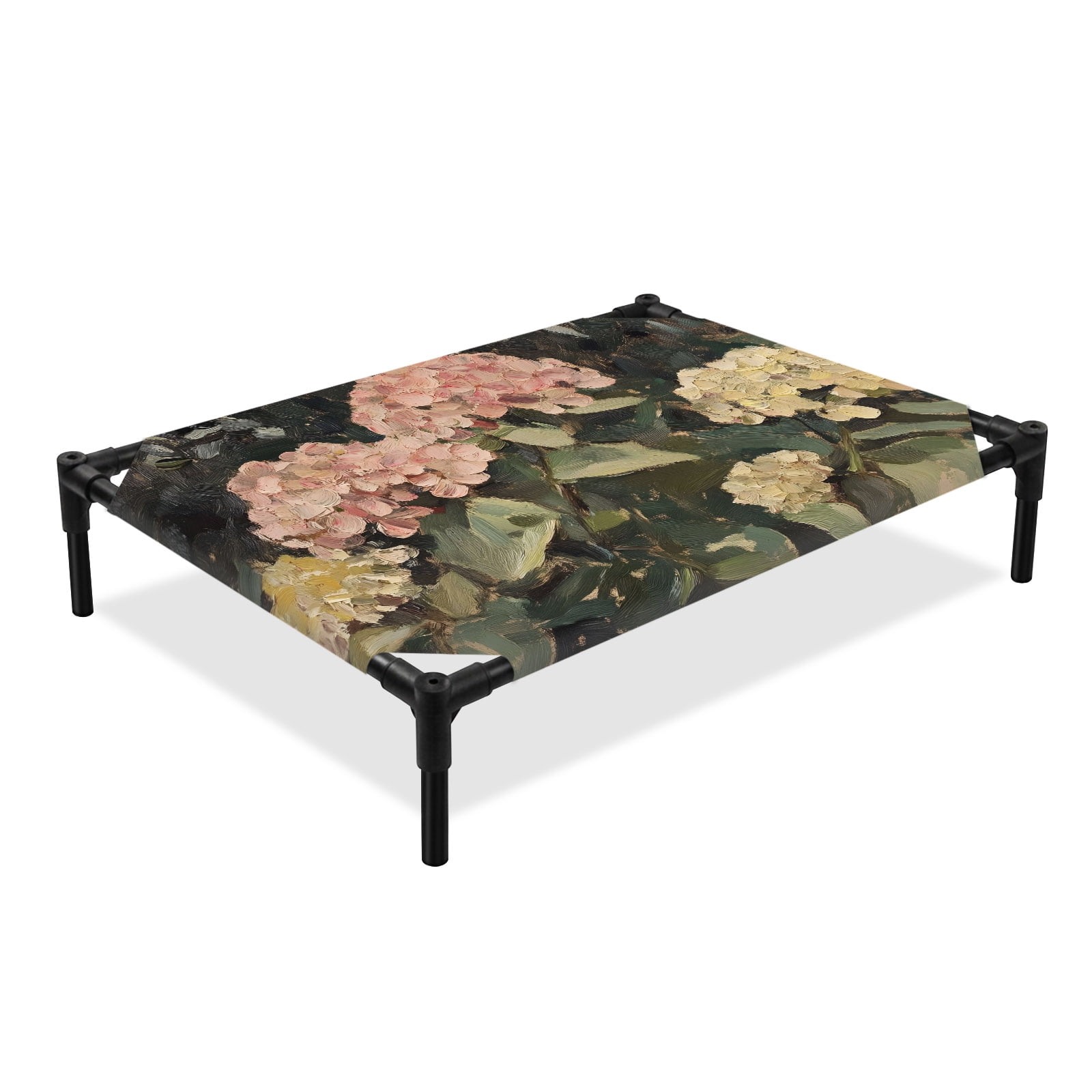 Pink Hydrangea Elevated Dog Bed Garden Blossoms Floral Botanical Cooling Breathable Outdoor Raised Dog Cot Bed with Metal Frame Non-Slip Feet for Medium Dog 24x20in