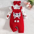 thumbnail image 2 of TOWED22 Infant Girl Clothes Fall Winter Outfits 3pc Clothing Set Long Sleeve Crew Neck Pattern Print Romper Jumpsuit Flare Pants Headband Baby Girl Set(Red,6-9 M), 2 of 9