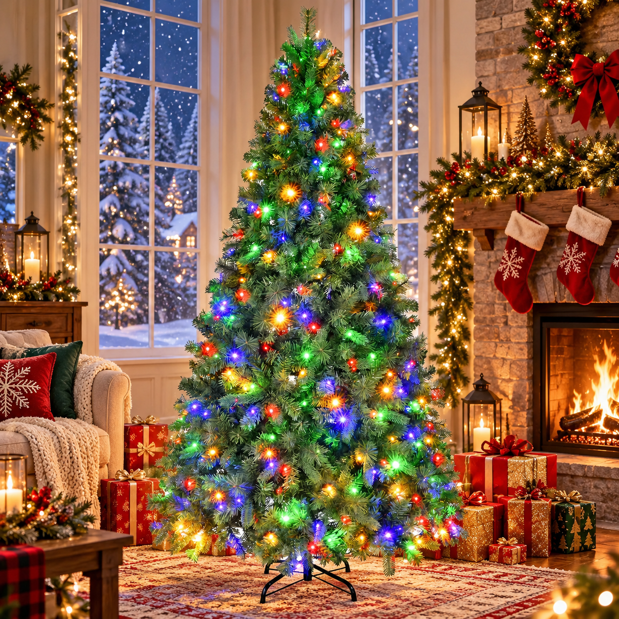 Fenbeli 6ft Pre-Lit Artificial Christmas Tree with 250 Multicolor LED Lights, 8 Lighting Modes, 1000 PVC Branch Tips and Metal Stand, Green