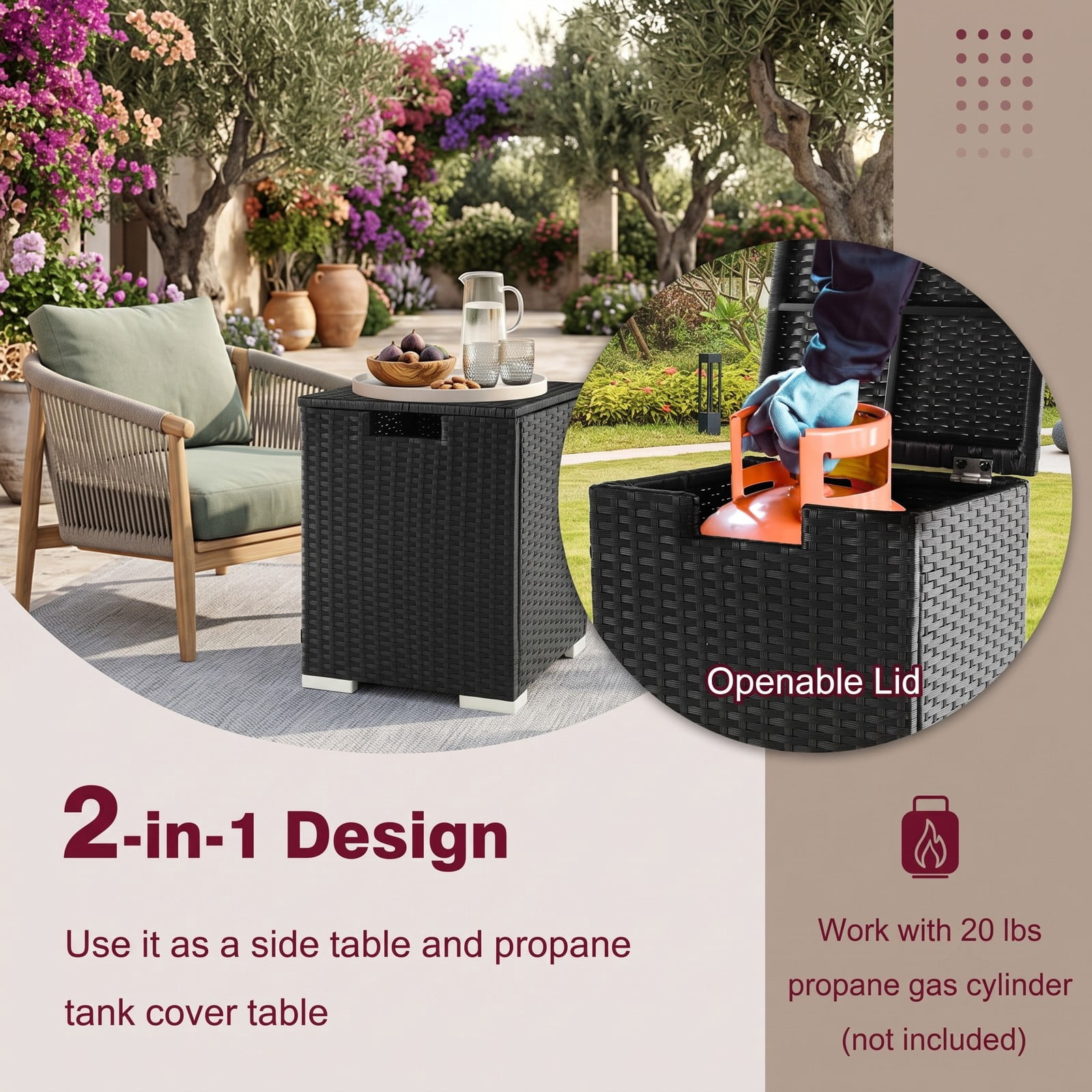 Biotree 2-in-1 Patio Rattan Propane Tank Cover Side Table for 20 lb Tanks, Outdoor PE Wicker Gas Cylinder Hideaway with Metal Frame and Adjustable Feet, Black