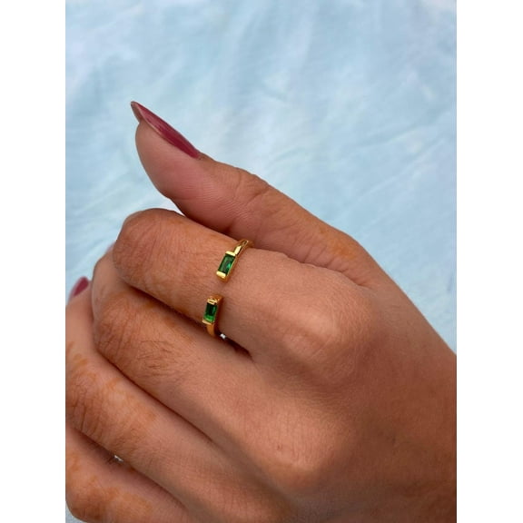 Emerald Cuff Ring, 925 Silver, 14K Gold Plating, Stackable Ring, Baguette Emerald Ring, Open Ring, Minimalist Anniversary Gift