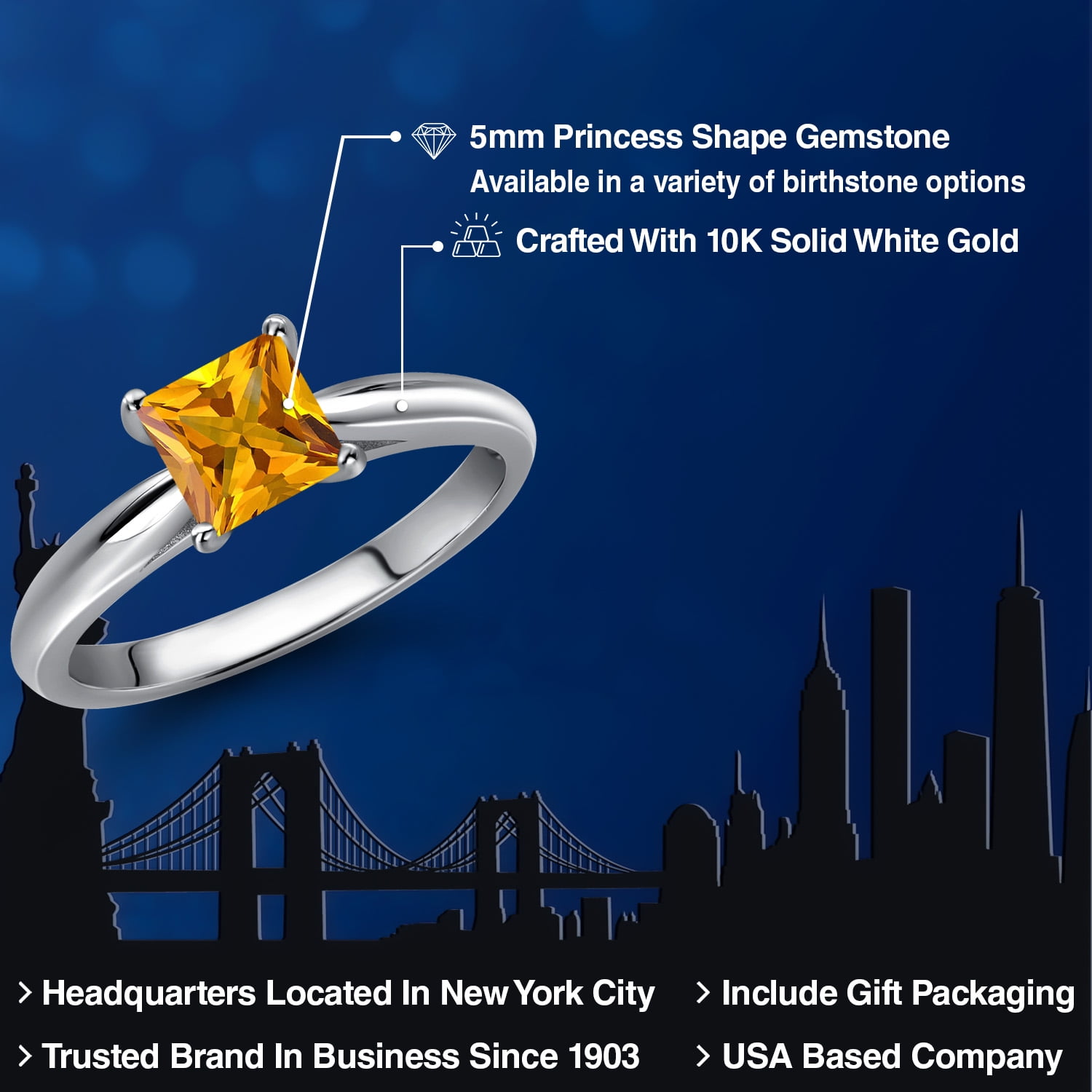 Gem Stone King 10K White Gold Yellow Citrine Engagement Ring for Women | 0.60 Cttw | Princess 5MM | Gemstone November Birthstone | Size 9