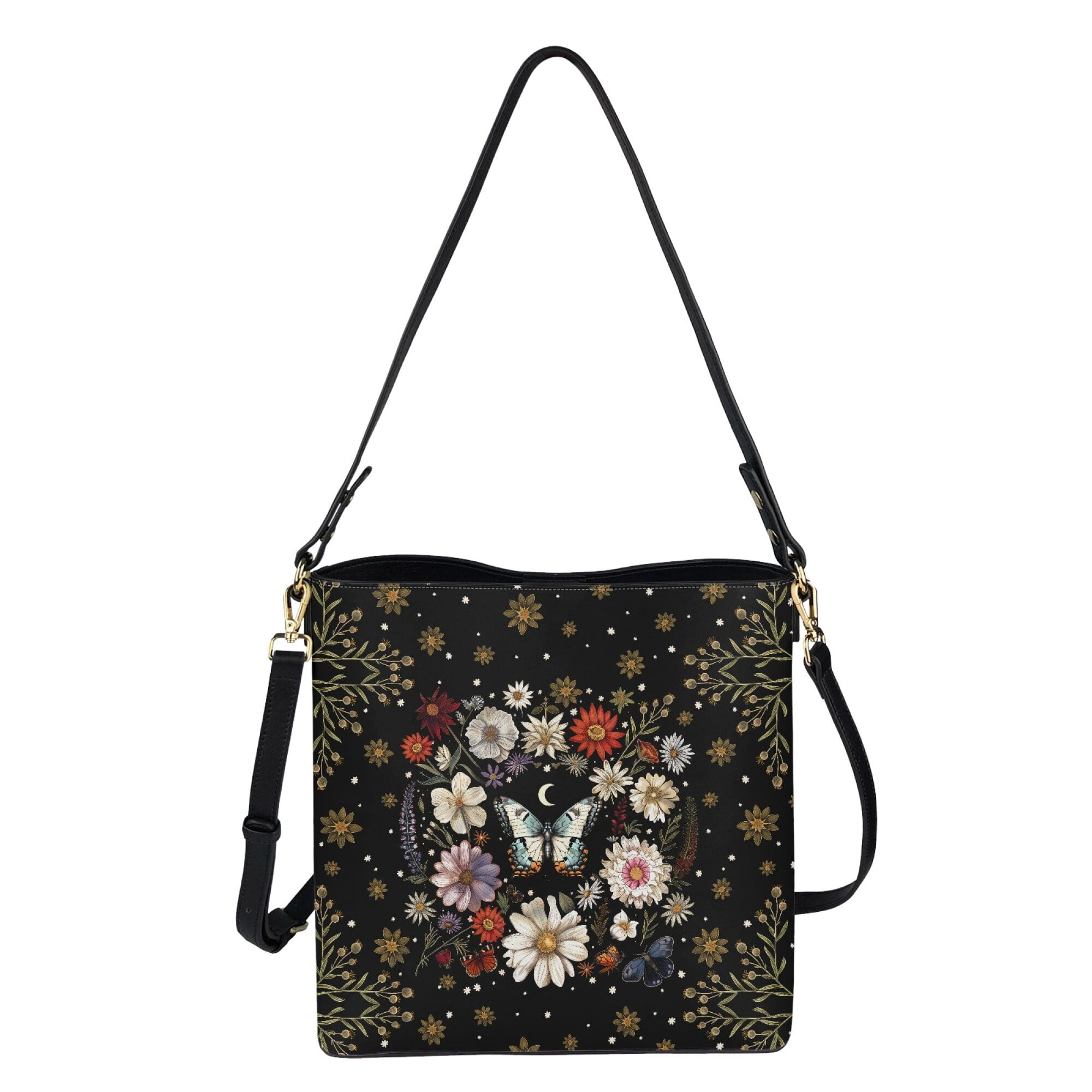 Kuiaobaty Butterfly Flower Print Crossbody Bag for Women, Lightweight Vegan Leather Shoulder Handbag with Adjustable Strap, Large Capacity Bucket Tote Bag Handbag Crossbody for Travel