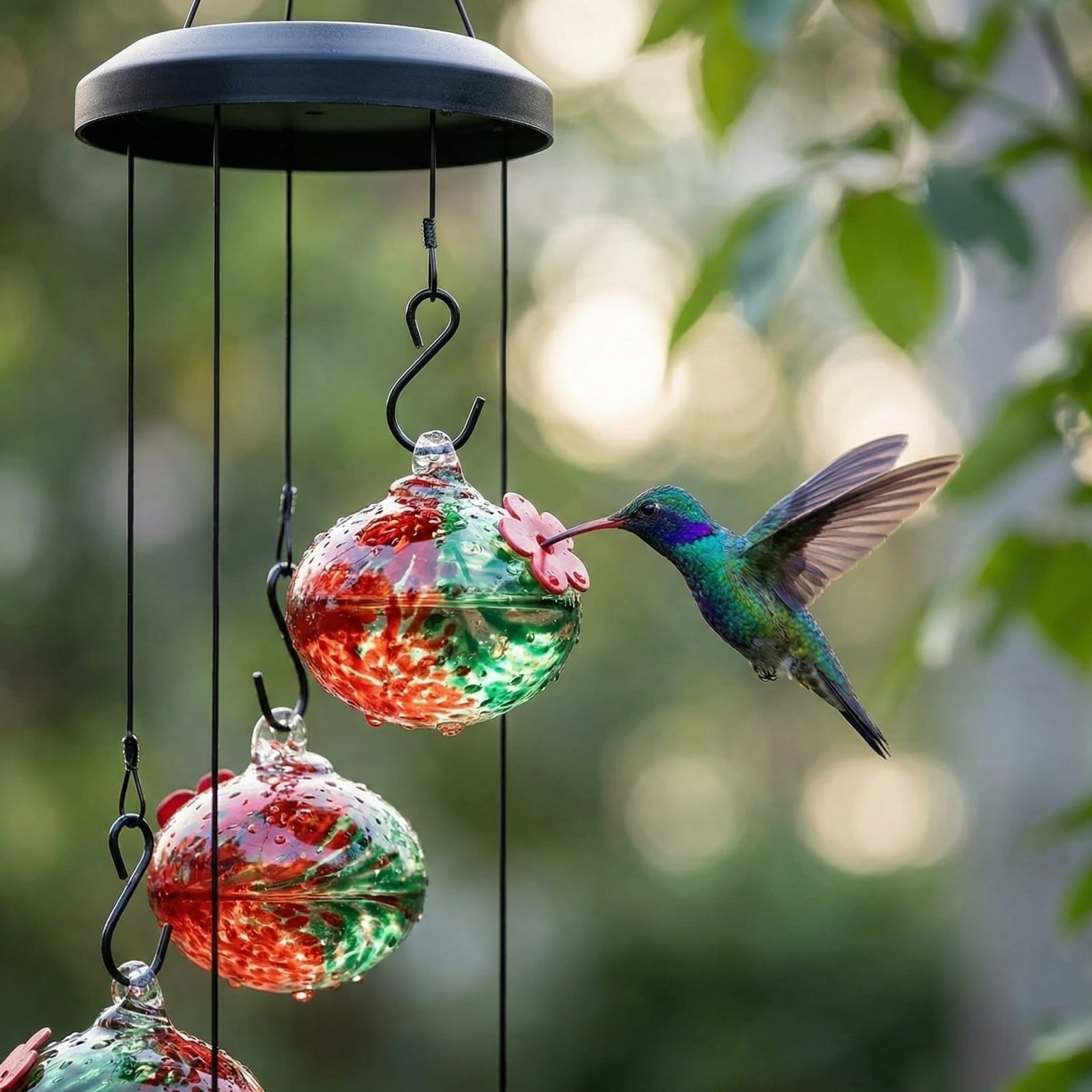 Handblown Glass Hummingbird Feeder Wind Chime with 6 Feeding Stations, Solar Powered Outdoor Hanging Bird Feeder for Garden Yard Decor, Vibrant Leak-Proof Hummingbird Habitat