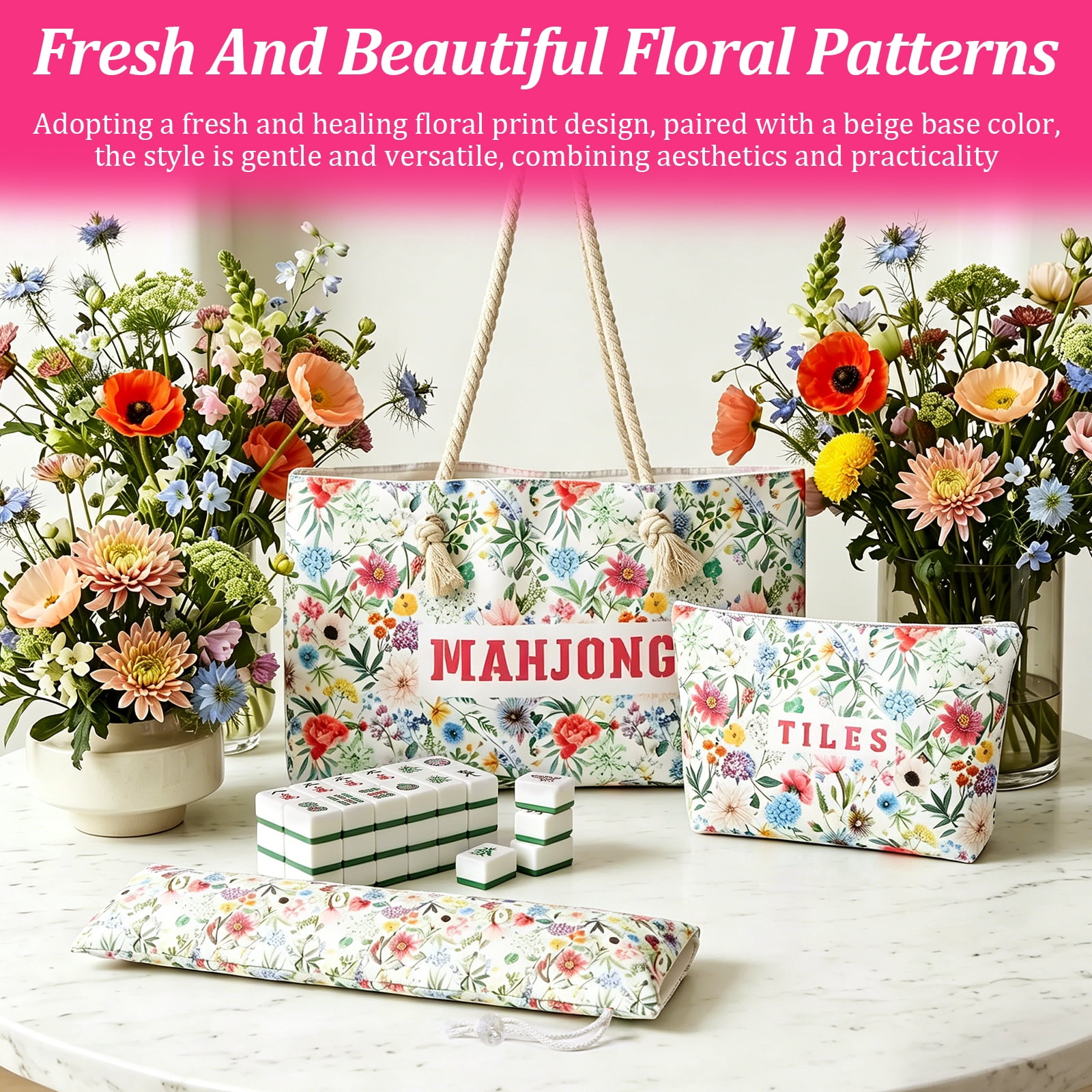 Floral Mahjong Storage Bag Set 3 Piece Organizer with Large Tote Tile Pouch and Drawstring Bag for American Mahjong Tile Rack and Accessories