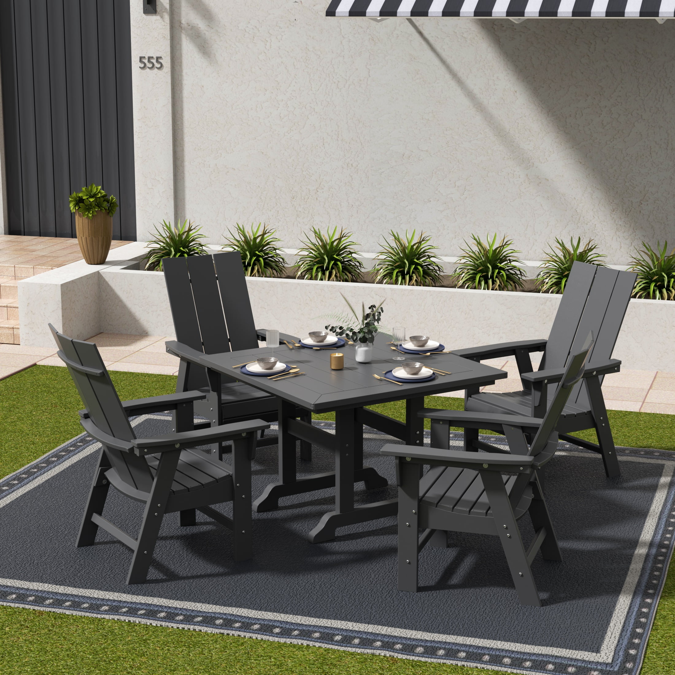 WestinTrends Ashore 5 Pieces Adirondack Patio Dining Set, All Weather Poly Lumber Slatted Modern Farmhouse Outdoor Furniture Set, 43" Trestle Square Table and 4 Adirondack Dining Chair, Gray