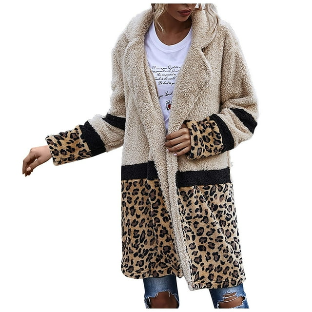 Pompotops Ladies Autumn And Winter Loose Stitching Leopard Print Button Lapel Mid-Length Long-sleeved Plush Jacket Tops