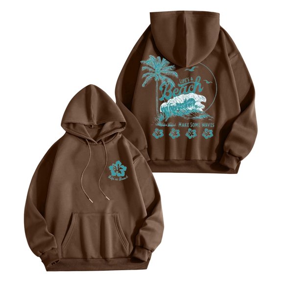 Valora Women's Hoodies Sweatshirts Comfortable Yet Fashionable AutumnWinter Leisure Hoodie with Beach Print and Letter Design for Everyday Wear Brown L