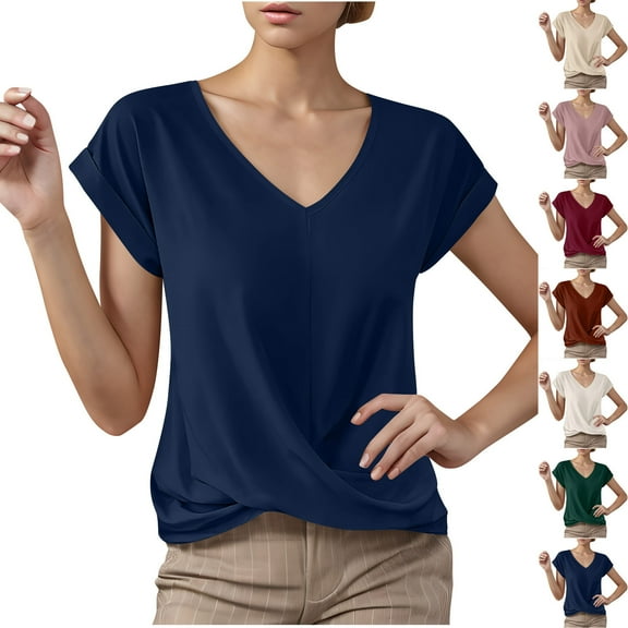 Fanxing Women's Tops Short Sleeve Twist Knotted T Shirts Comfort Summer V Neck Tunic Blouse Beige,L