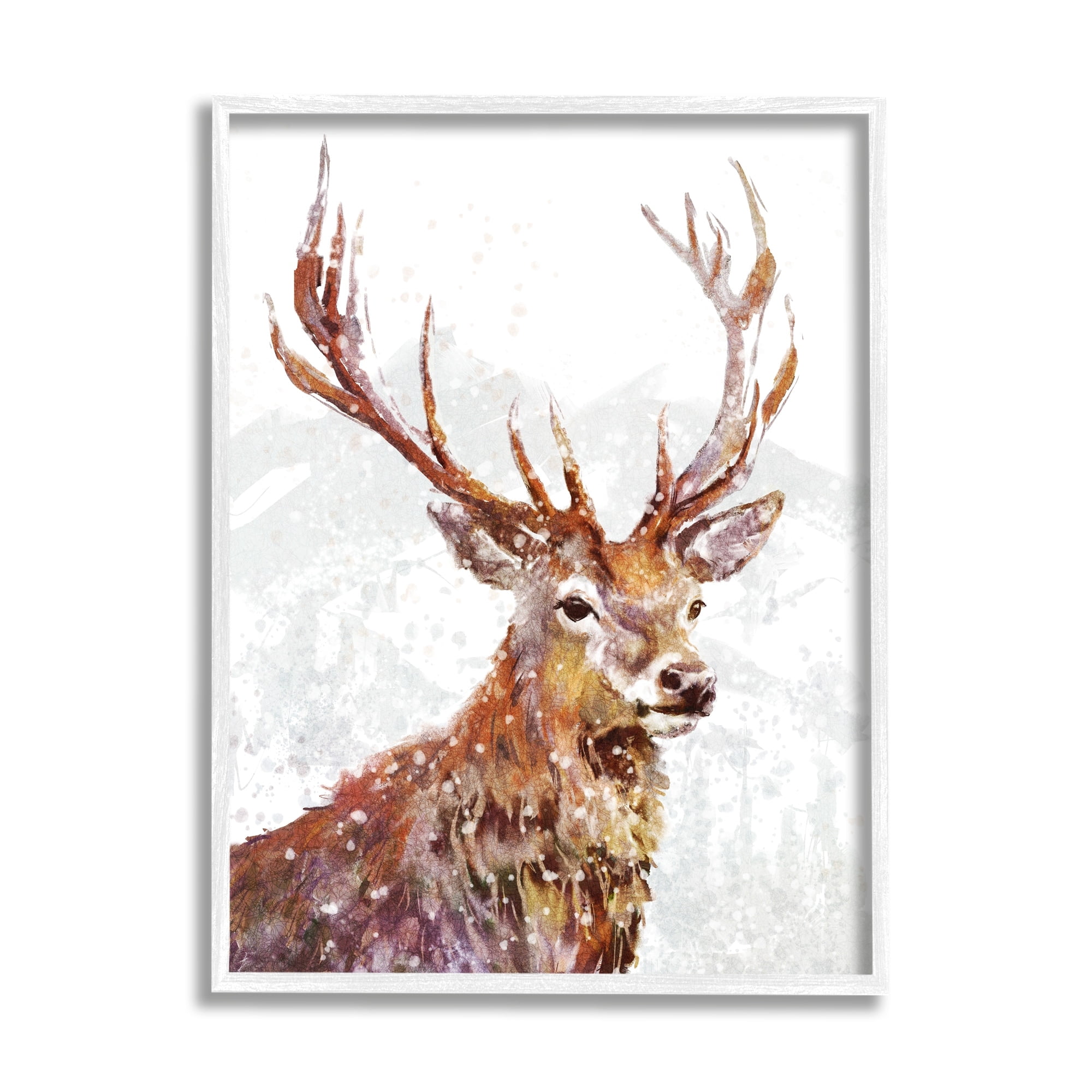 Stupell Industries Winter Deer Mountain Snowfall Holiday Painting White Framed Art Print Wall Art