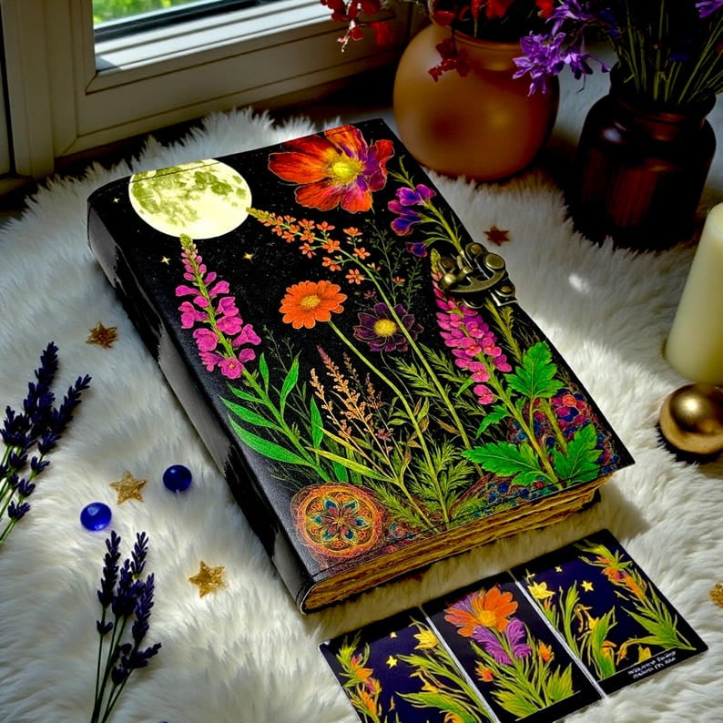 Handmade Leather Journal 5x7 Inches – Floral Moon Botanical Notebook, 200 Deckle-Edge Pages, Vintage Lock, Artisan Writing Diary
