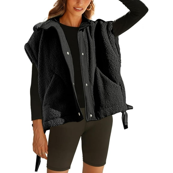 Women's Fuzzy Fleece Vest Oversized Sleeveless Sherpa Jacket Warm Button Down Gilet Outerwear with Pockets