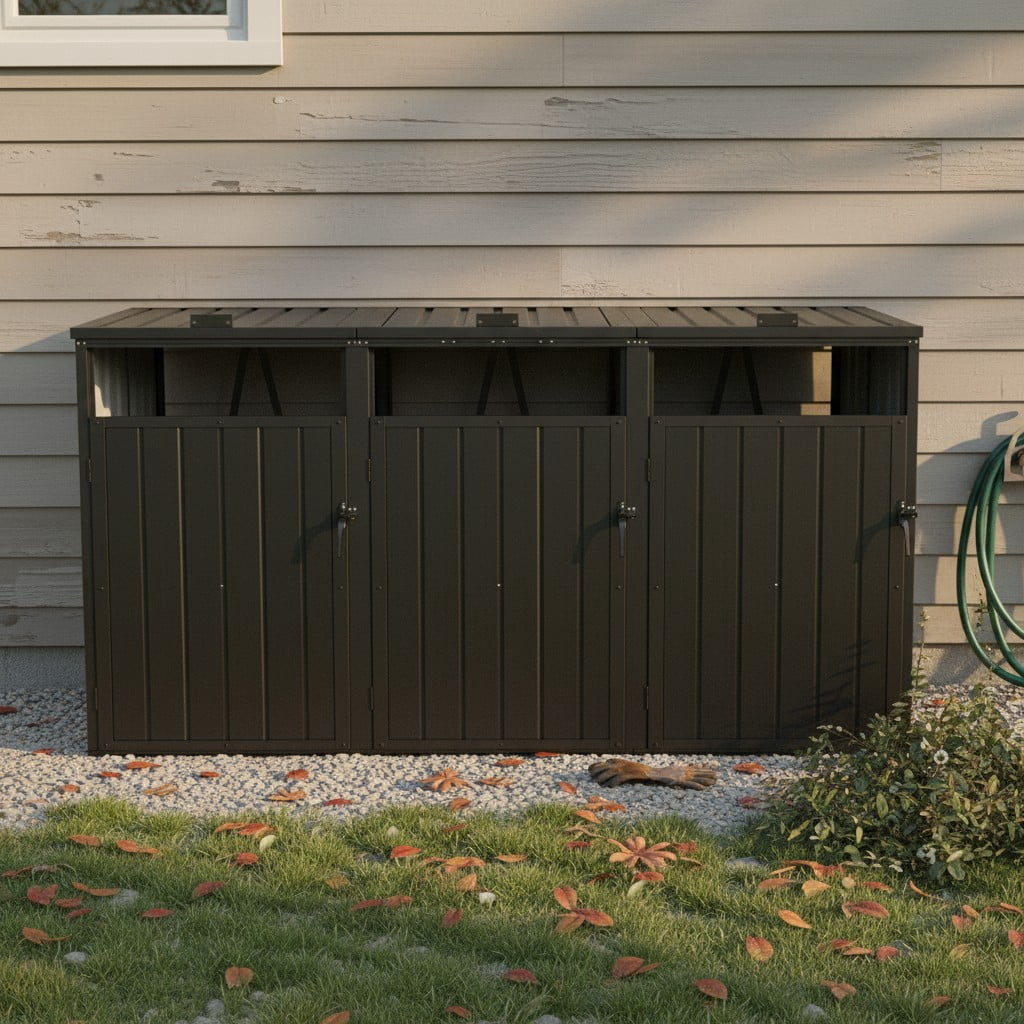 Aukfa 7.3' W Outdoor Garbage Bin Storage, Metal Storage Shed for 3 Trash Cans Tools, Waterproof Trash Can Storage, Black