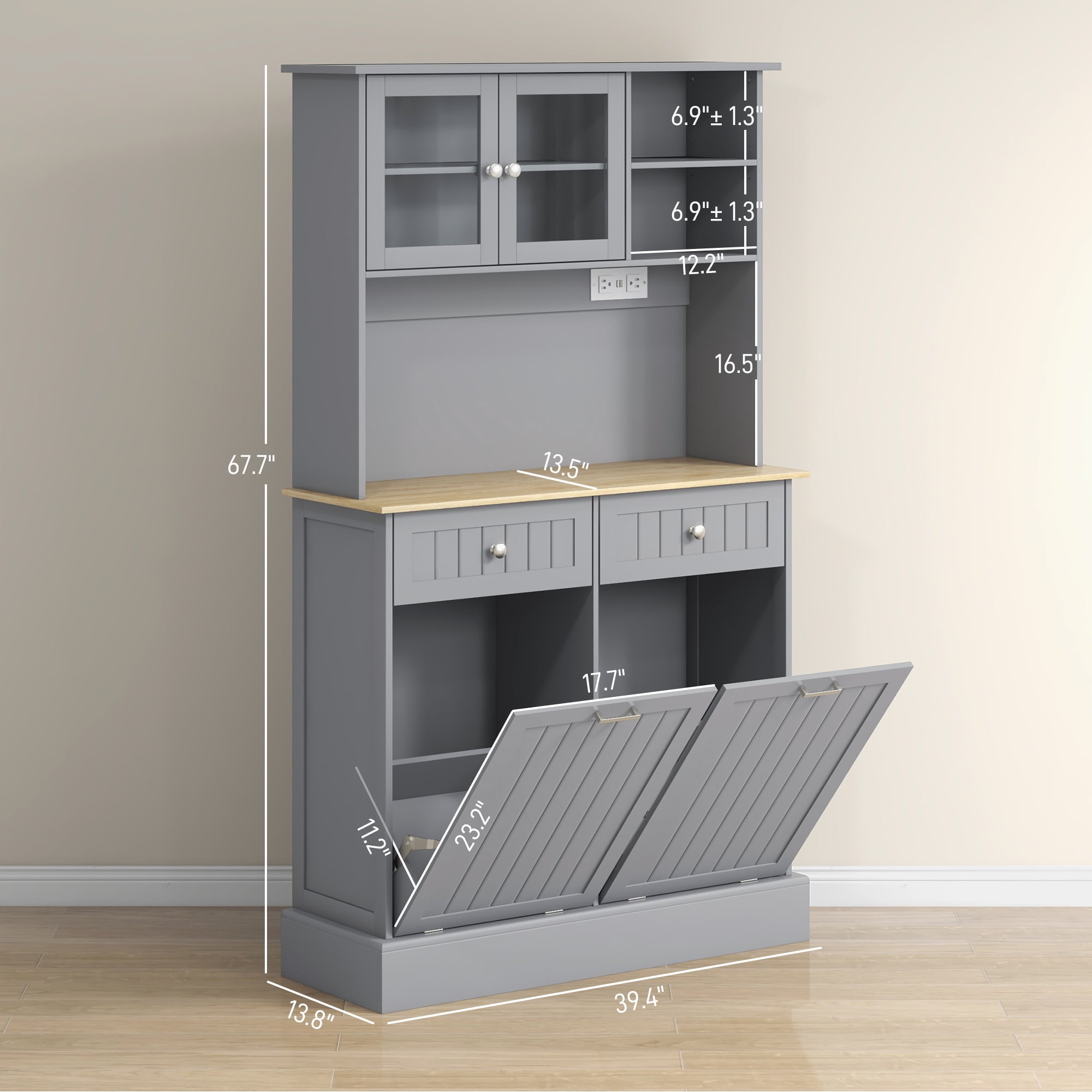 HOMCOM 68" Kitchen Pantry Cabinet with Charging Station, 2 Tilt Out Trash Cabinets and Microwave Stand, Modern Storage Cabinet, Gray