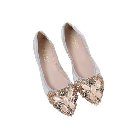 

SIMANLAN Womens Flats Pointed Toe Rhinestones Buckle Comfortable Slip-on Flat Dress Shoes Silver White 7.5