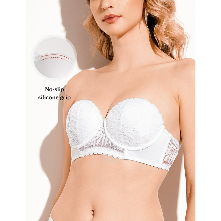 Deyllo Women's Push Up Strapless Bra Plus Size Lace Underwire Full Coverage  Multiway Invisible Bras,White 42D