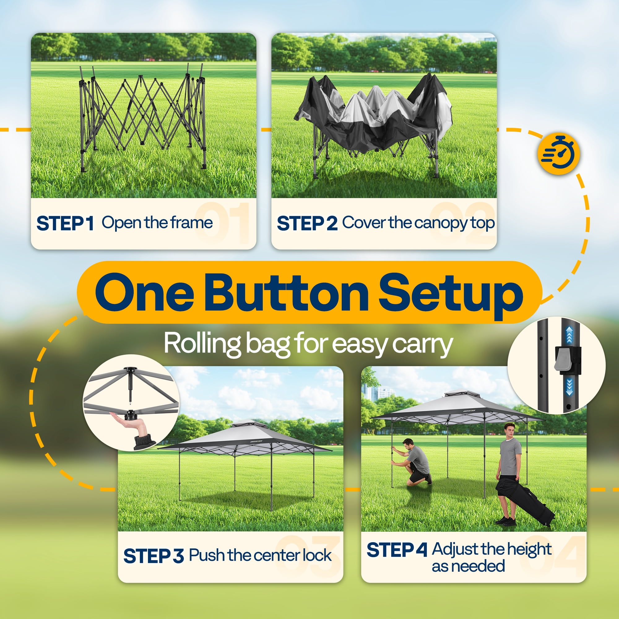 SPECSTAR 13x13ft Pop Up Gazebo One Push Setup Canopt Tent Heavy Duty with Wheel Carry Bag, Center Lock and 4 Sandbags, 169 Square Feet of Shade, Grey
