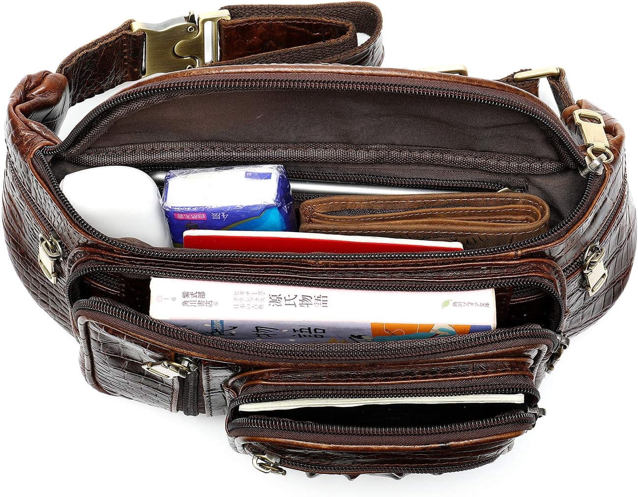 MARRANT Genuine Leather Fanny Pack for Men, Large Capacity Crossbody Waist Bag with Multiple Zipper Pockets, Coffee Croco