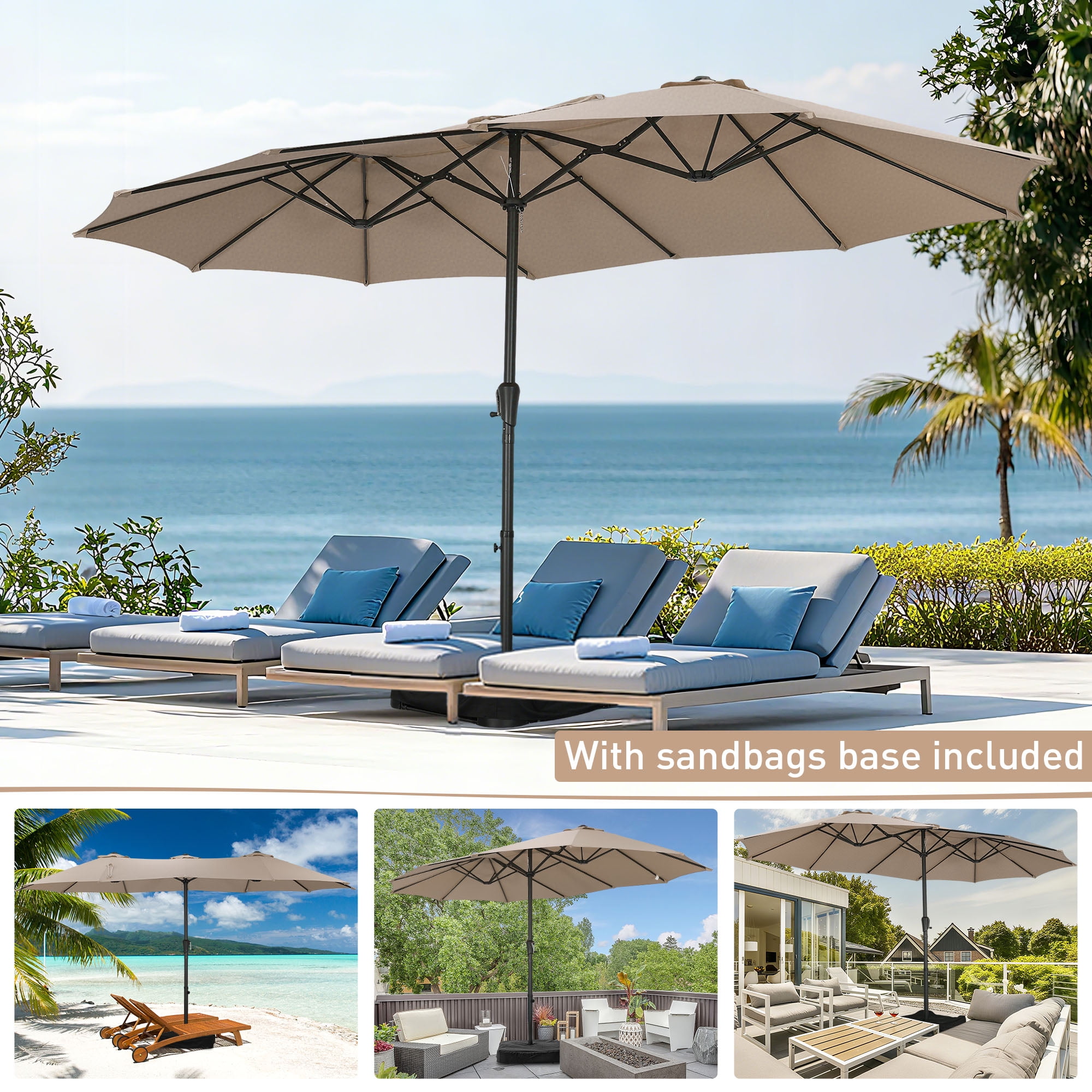 Autlaycil 15' Pool Patio Umbrella and Umbrella Base,Extra Large Umbrella with Crank, for Outdoor, Market, Beach, Garden, Yard, Party, Khaki