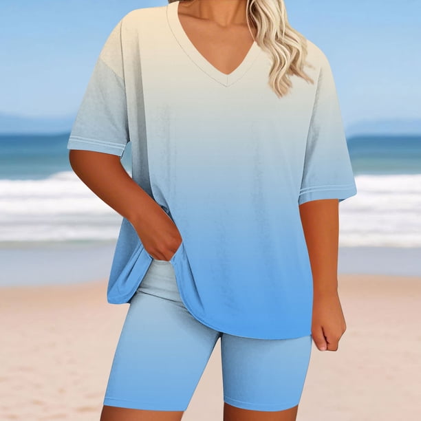 mfyjkho Pantalones Cortos Para Mujer, Conjunto De Top Y Pantalón De Manga Corta Con Cuello En V Y Estampado De Verano Para Mujer Pantalones Cortos Para Mujer Xl