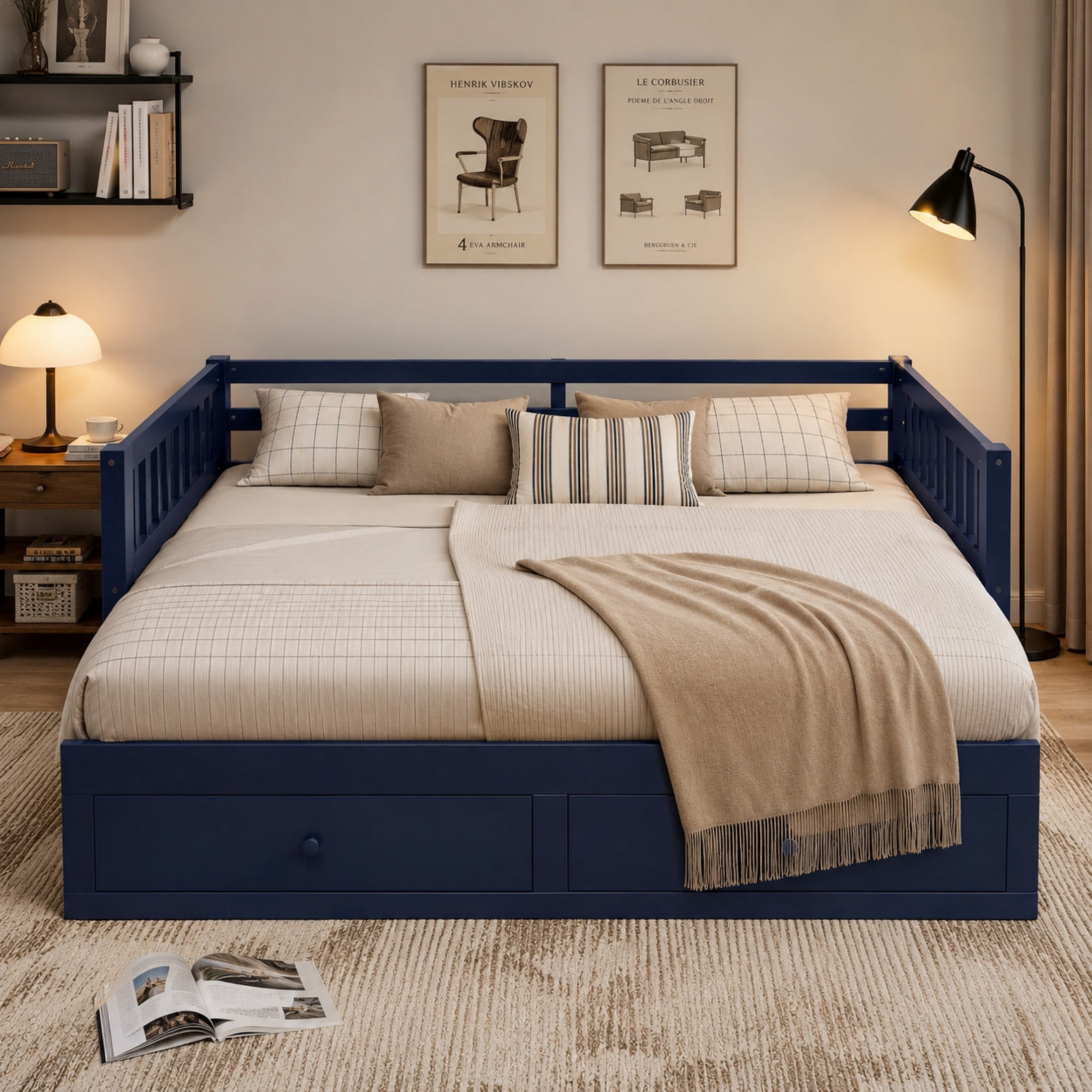 Noble House Twin to King Extendable Daybed with Pull-Out Trundle, 2 Drawers & Guardrails, Blue