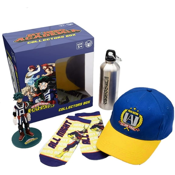 My Hero Academia - Collectors Gift Box - Deku Vinyl Anime Figure, UA Baseball Cap, MHA Water Bottle, and All Might Ankle Socks - Anime Merch