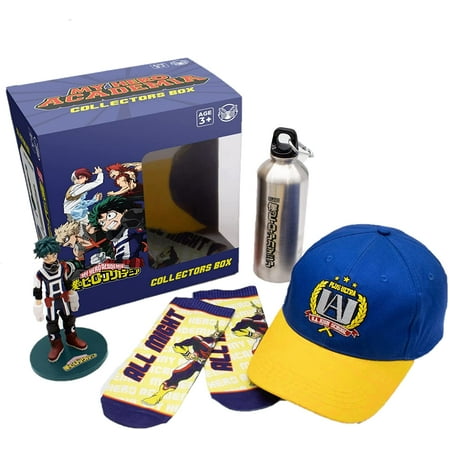 UPC: 0840070913950 | My Hero Academia – Collectors Gift Box – Deku Vinyl Anime Figure UA Baseball Cap MHA Water Bottle and All Might Ankle Socks – Anime Merch