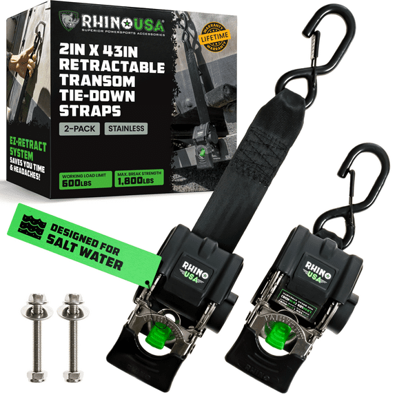 Rhino USA Heavy duty 2" x 43" Retractable Transom Tie-Down Strap (2 pc) - 3,000lb Max Break Strength