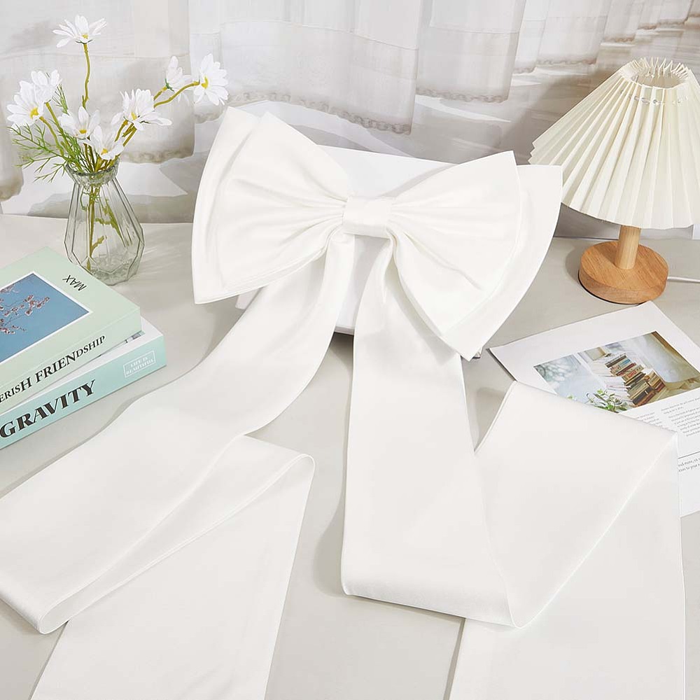 Long White Satin For Dress arge Wedding Pew Bows with Long Tails Detachable Train Waist Sash Belt Bride Bowknot Formal Wedding Accessories