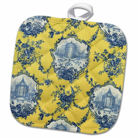 3dRose, Garden French Toile. Yellow and blue. Popular toile print., 8x8 Potholder