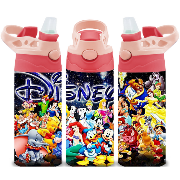 Alpha Printing Kids 12oz Stainless Steel Tumbler with Flip Straw – Cute Cartoon Character Design, Pink & Red Lid Options, Insulated Reusable Drink Cup for Kids