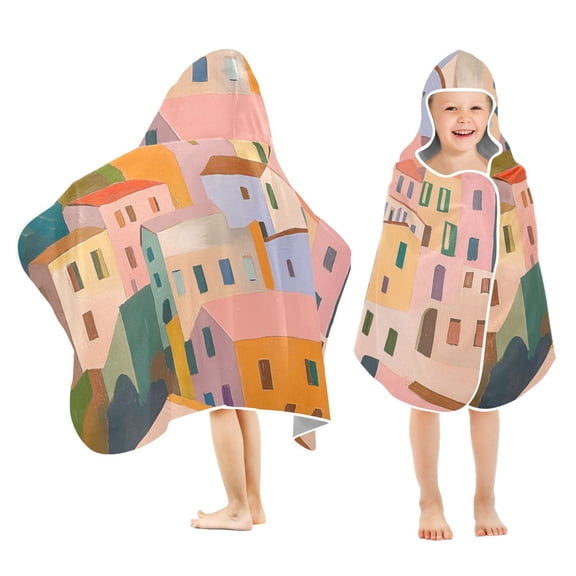 Yayeee Kids Hooded Towels Toddler Soft Absorbent Beach Bathing Wrap 50" x 23.5", Orange Cityscape Painting