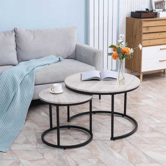 Demi Bonn 29" Round Nesting Tables Set of 2, Stacking Coffee Table Set with Metal Frame for Living Room, Gray